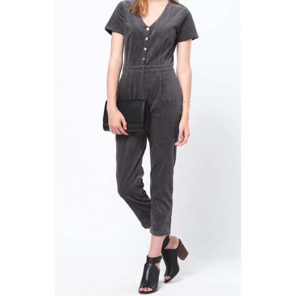 Corduroy Short-Sleeve Jumpsuit in Charcoal